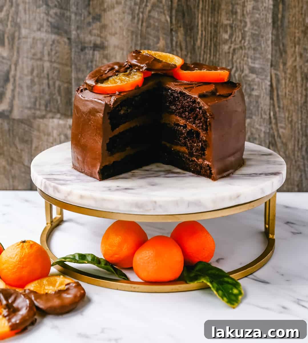 A beautifully frosted chocolate orange cake, decorated with chocolate-dipped dried orange slices.