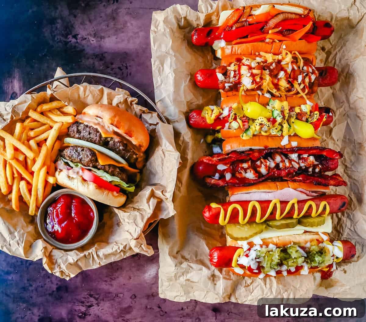 Two perfectly grilled gourmet hot dogs, one topped with chili and cheese, and another with classic condiments, ready to be enjoyed.