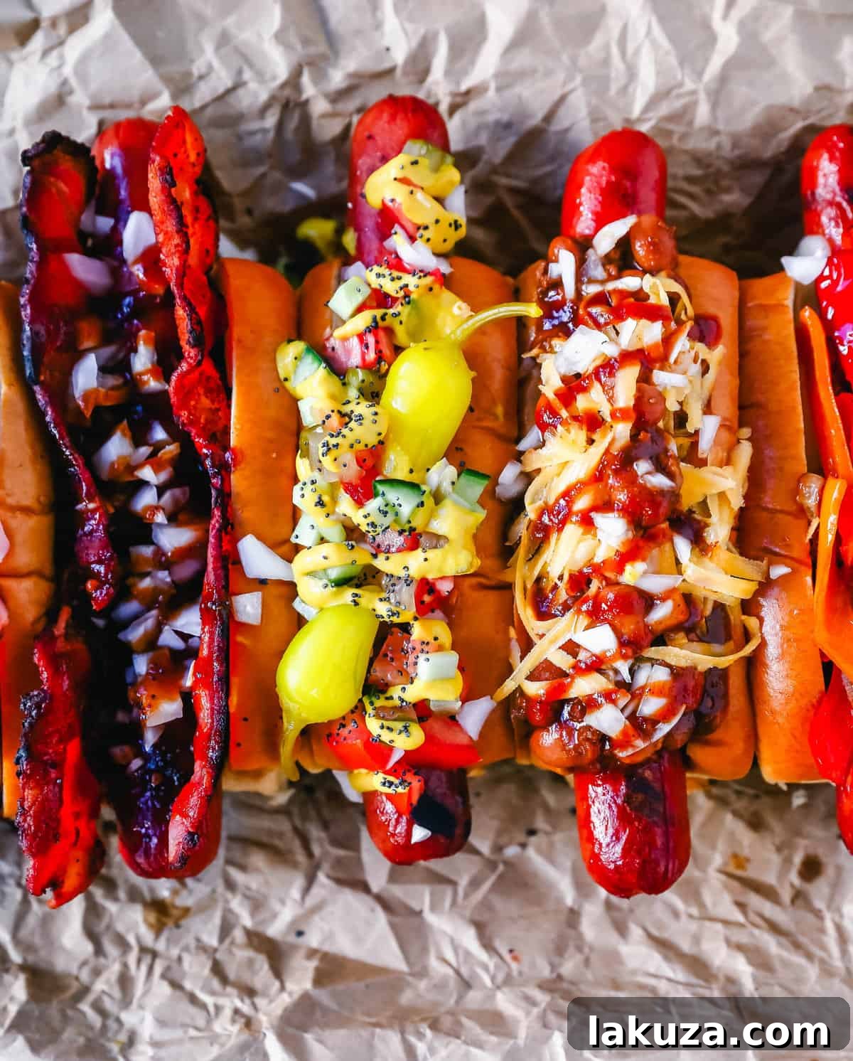 A selection of gourmet hot dogs, including a Chicago Dog, a Chili Dog, and an All-American Hot Dog, showcasing diverse toppings.
