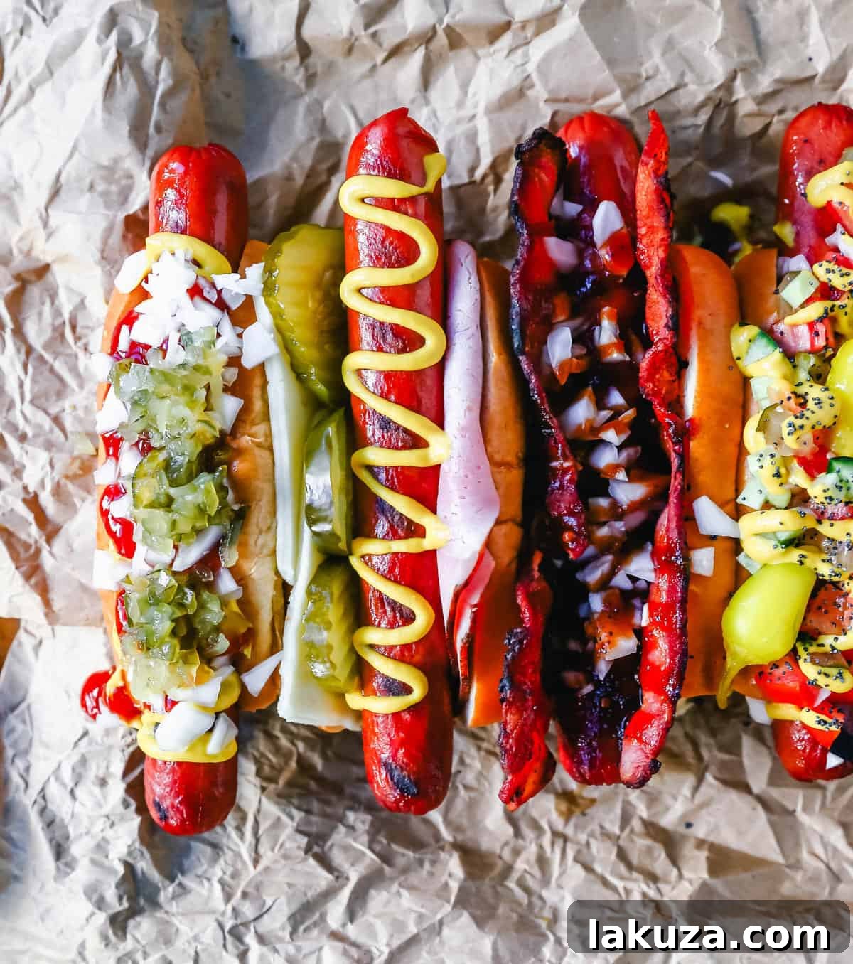 A classic All-American Hot Dog, garnished with relish, diced onions, mustard, and ketchup, ready to eat.