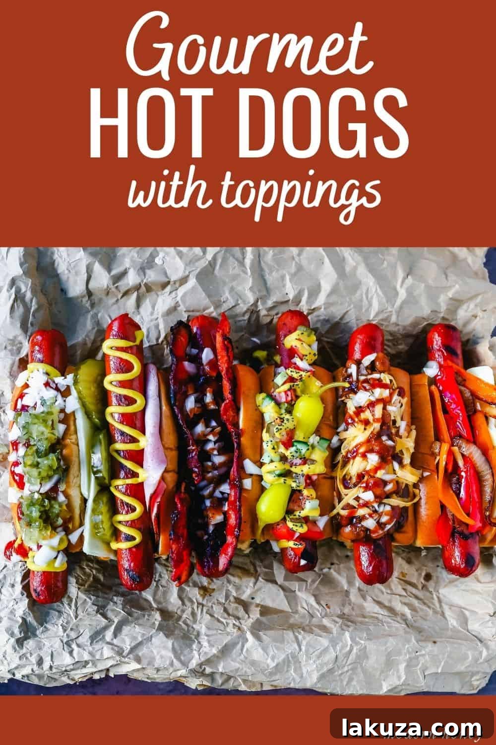 A beautifully arranged selection of fresh toppings for gourmet hot dogs, including onions, relish, tomatoes, and various peppers.