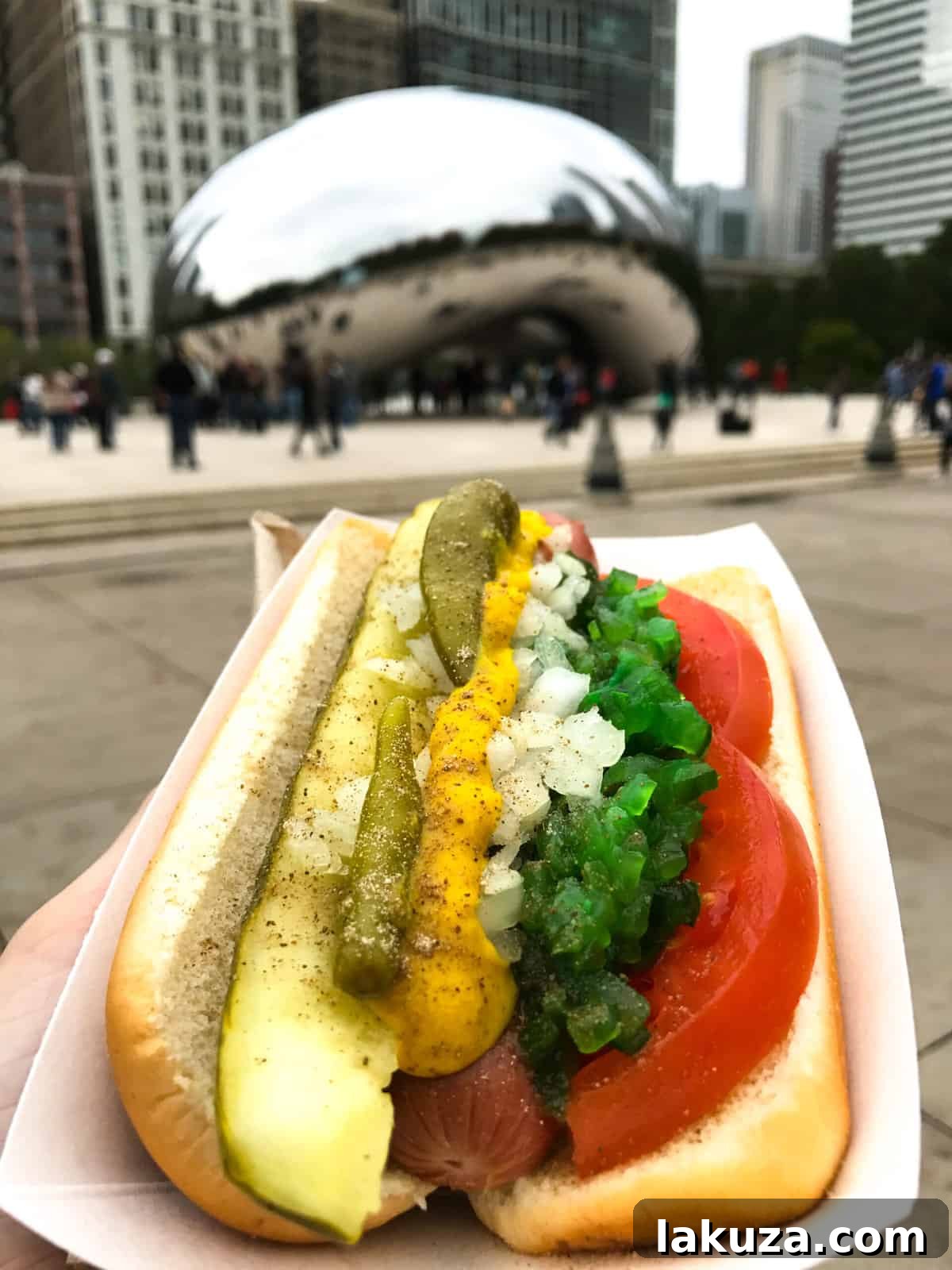 A Chicago Dog artfully held against the backdrop of the iconic Cloud Gate sculpture (The Bean) in Chicago, Illinois.