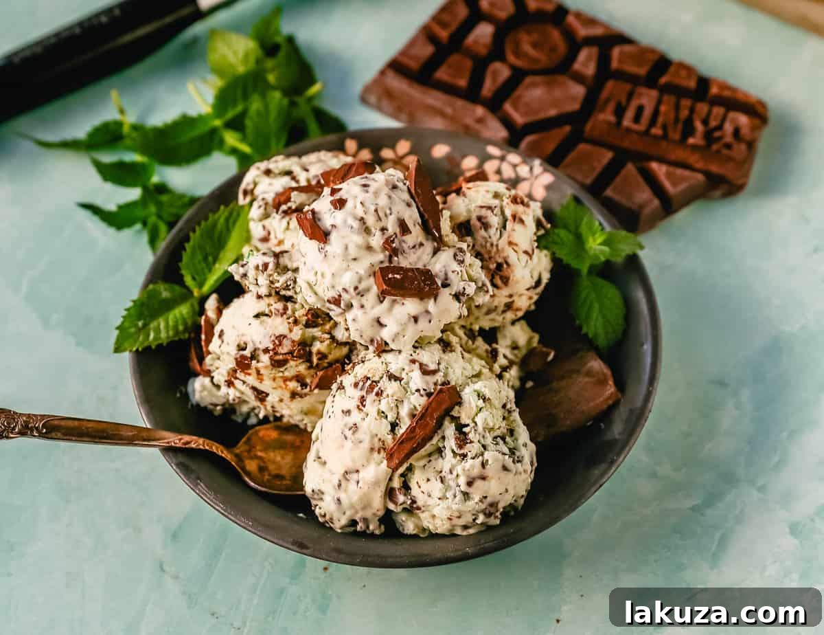 Emerald Mint Chocolate Dream 6 Ingredients for classic churned mint chocolate chip ice cream, featuring heavy cream, whole milk, sugar, egg yolks, mint and vanilla extracts, and various chocolate pieces.