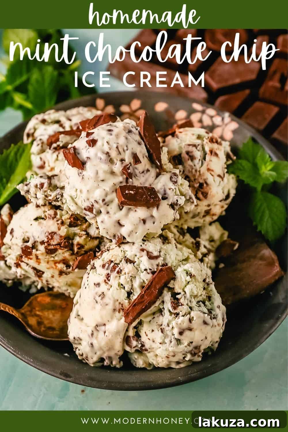 Emerald Mint Chocolate Dream 9 A cone filled with perfectly scooped homemade mint chocolate chip ice cream, highlighting its inviting green color and scattered chocolate pieces, ready to be enjoyed.