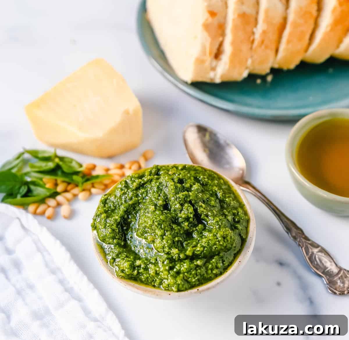 Homemade Basil Pesto Sauce made with fresh basil, extra-virgin olive oil, pine nuts, garlic, parmesan cheese, and salt and pepper. This pesto sauce is the best recipe and can be used on pasta, pizza, sandwiches, or to be used as a dip with rustic French bread.