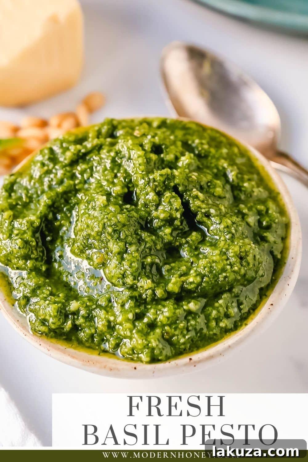 Homemade Basil Pesto Sauce made with fresh basil, extra-virgin olive oil, pine nuts, garlic, parmesan cheese, and salt and pepper. This pesto sauce is the best recipe and can be used on pasta, pizza, sandwiches, or to be used as a dip with rustic French bread.Homemade Basil Pesto Sauce made with fresh basil, extra-virgin olive oil, pine nuts, garlic, parmesan cheese, and salt and pepper. This pesto sauce is the best recipe and can be used on pasta, pizza, sandwiches, or to be used as a dip with rustic French bread.
