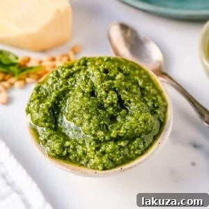 Homemade Basil Pesto Sauce made with fresh basil, extra-virgin olive oil, pine nuts, garlic, parmesan cheese, and salt and pepper. This pesto sauce is the best recipe and can be used on pasta, pizza, sandwiches, or to be used as a dip with rustic French bread.