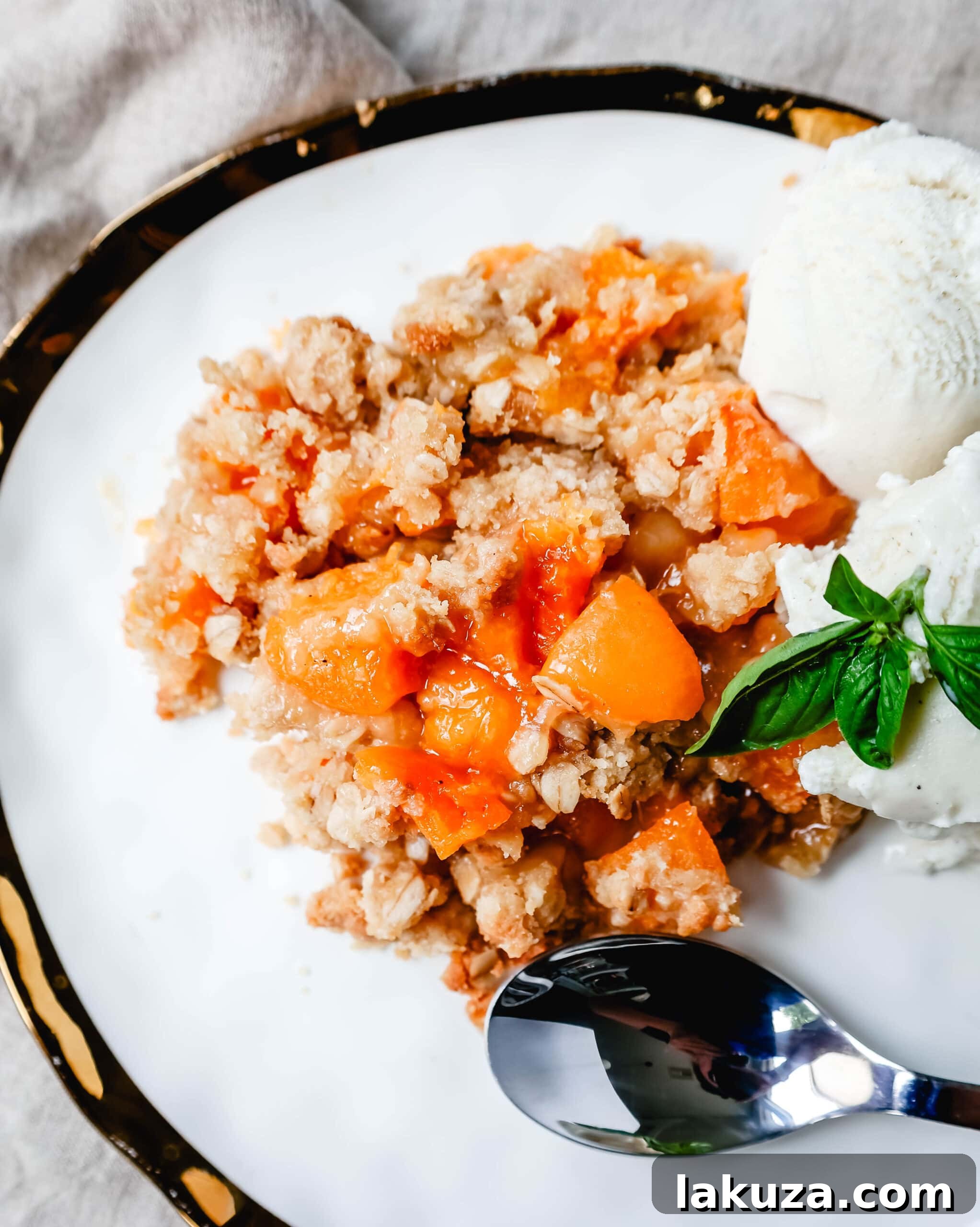 Sun-Kissed Apricot Crumble 5 A beautifully baked Apricot Crisp in a square baking dish, golden-brown and bubbly, with a scoop of vanilla ice cream melting on top, garnished with a sprig of mint.