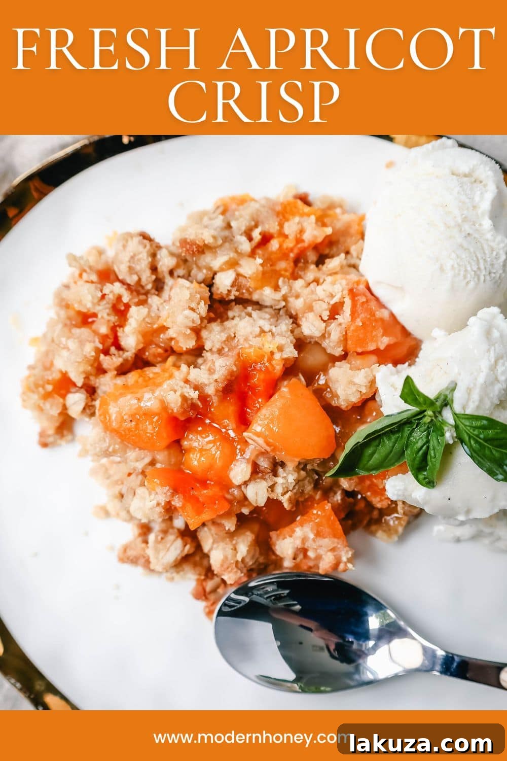 Sun-Kissed Apricot Crumble 6 A full Apricot Crisp in a baking dish, with one serving scooped out, revealing the bubbly fruit filling and crispy topping. A large scoop of vanilla ice cream is on the side.