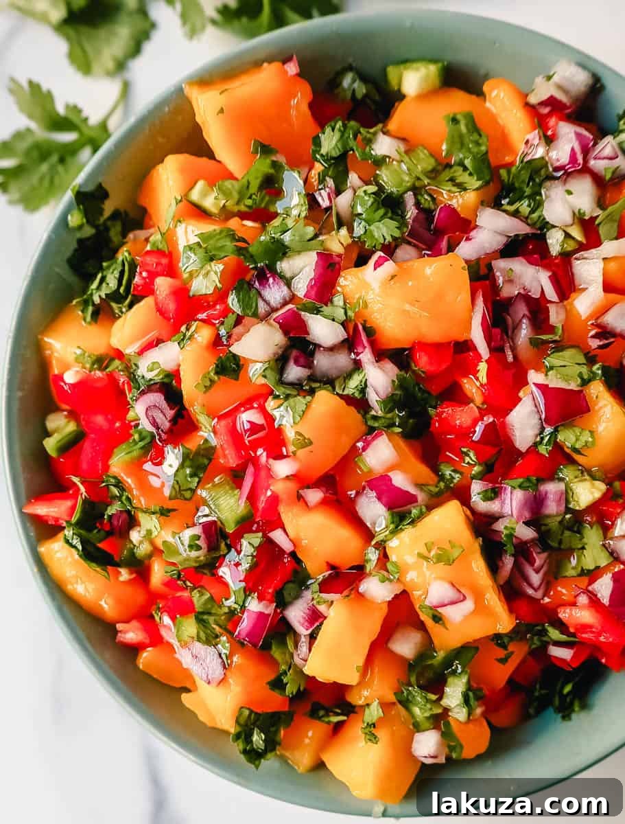 Tropical Mango Salsa 7 A large bowl of homemade fresh mango salsa with a wooden spoon, surrounded by tortilla chips.
