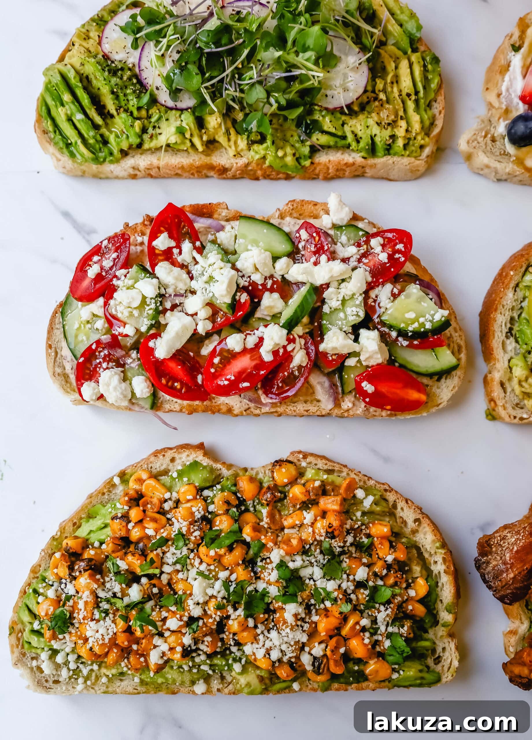 Two slices of gourmet toast, one with avocado and eggs, the other with a fresh mozzarella, pesto, and tomato combination.
