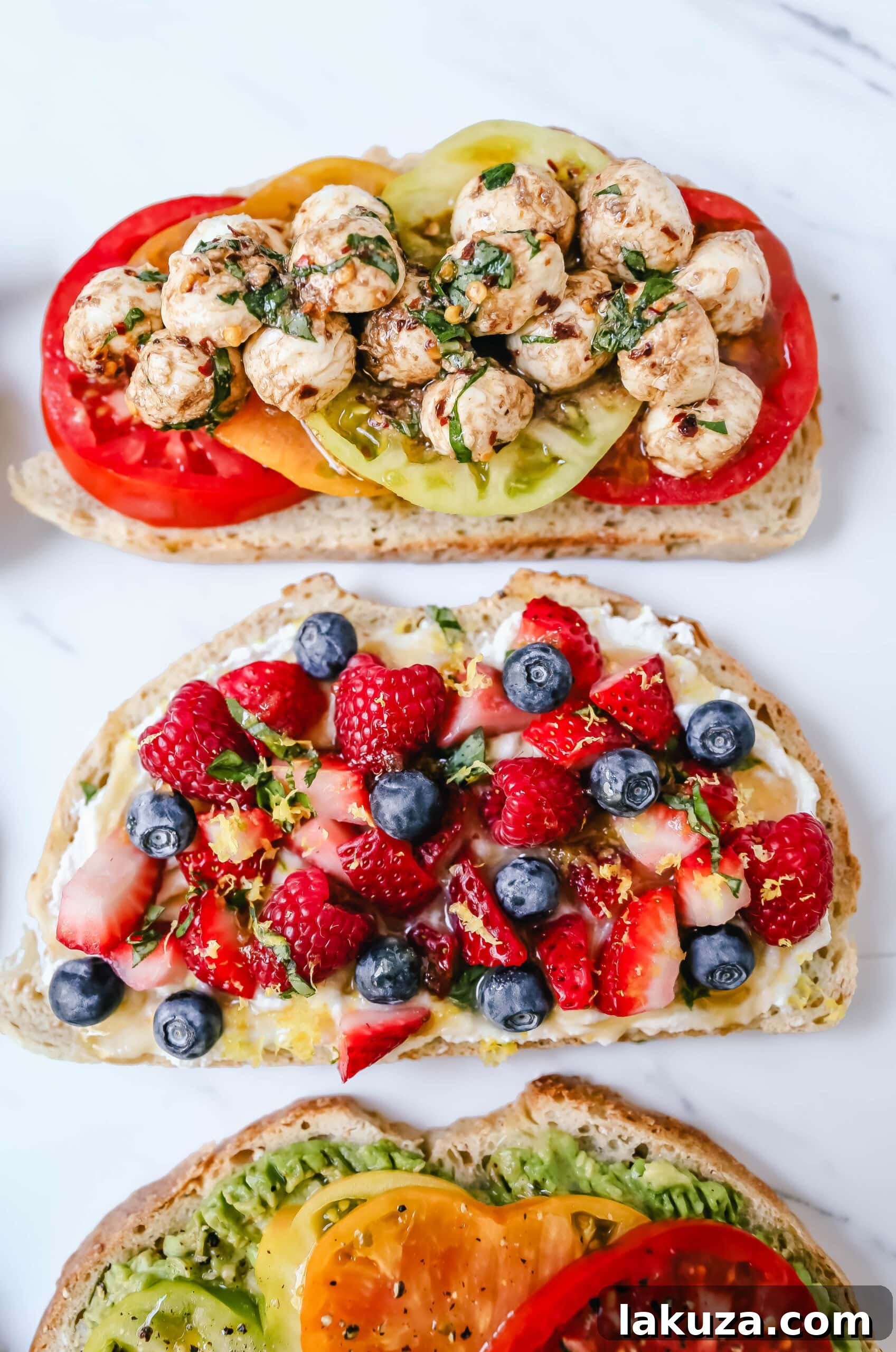 A selection of gourmet toast toppings including fresh vegetables, cheeses, and spreads.
