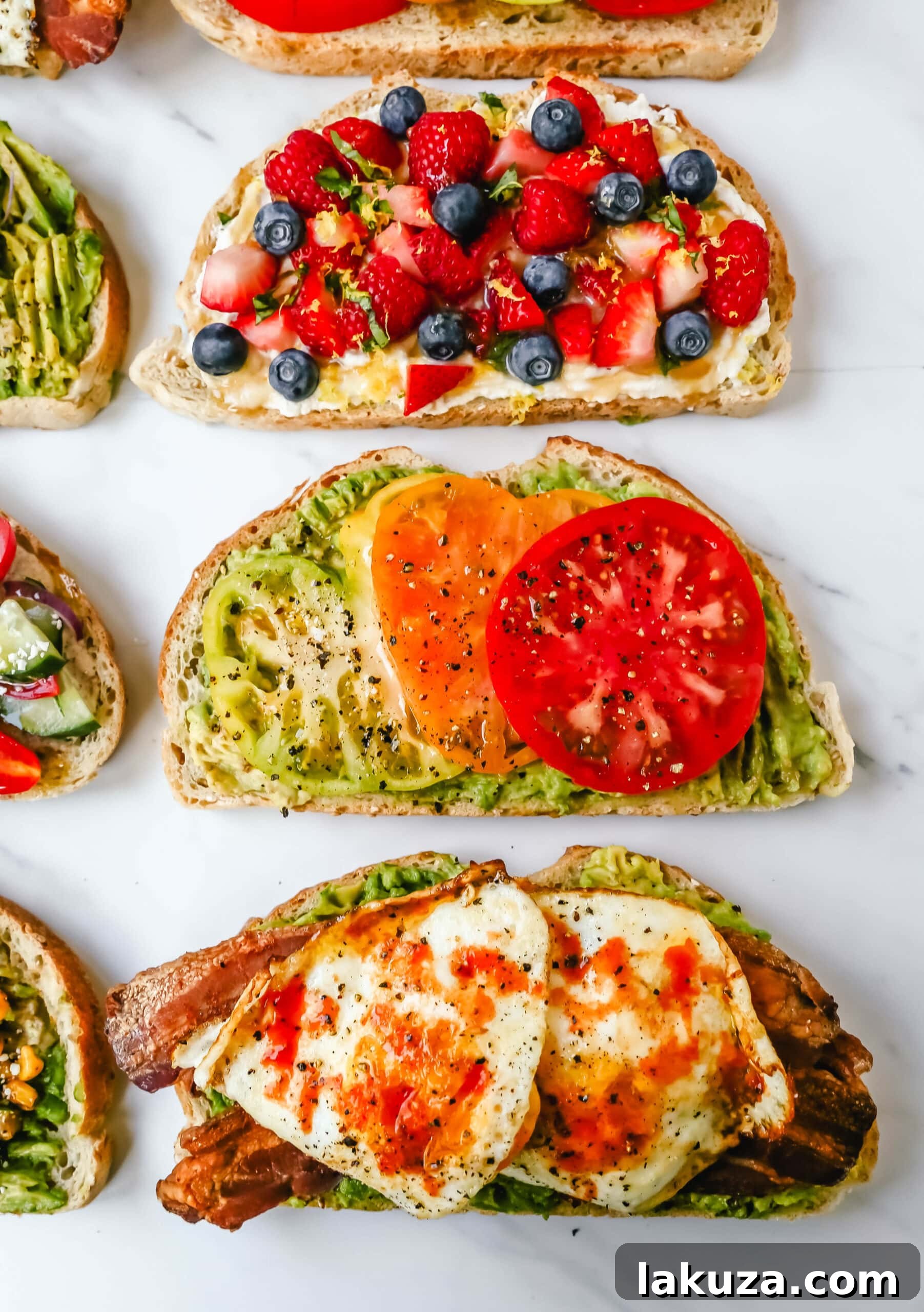 A spread of various gourmet toast dishes, including avocado toast with egg, ricotta toast with berries, and avocado toast with bacon and tomato.