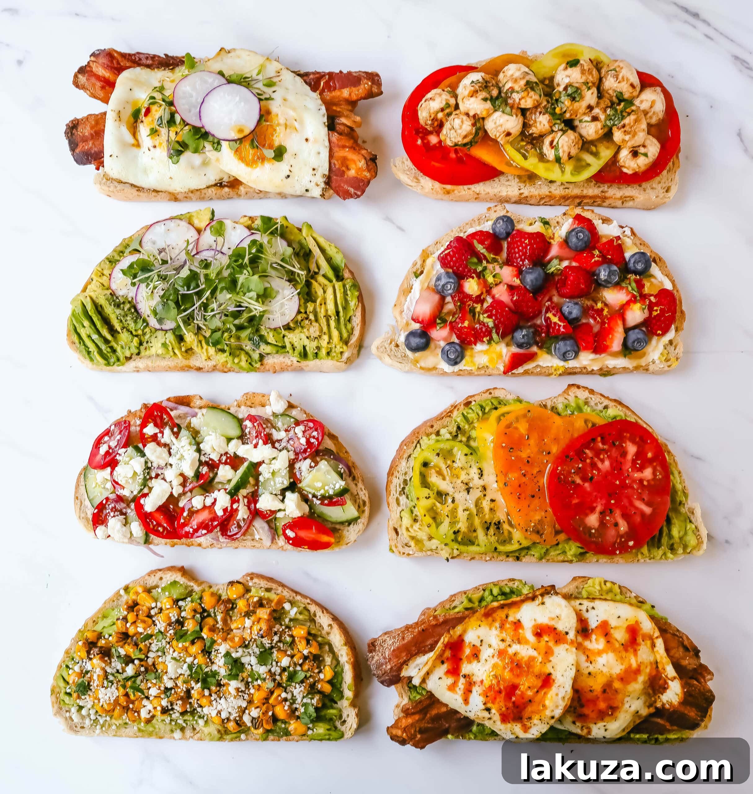 An overhead shot showcasing a variety of gourmet toast ingredients and prepared toast slices.