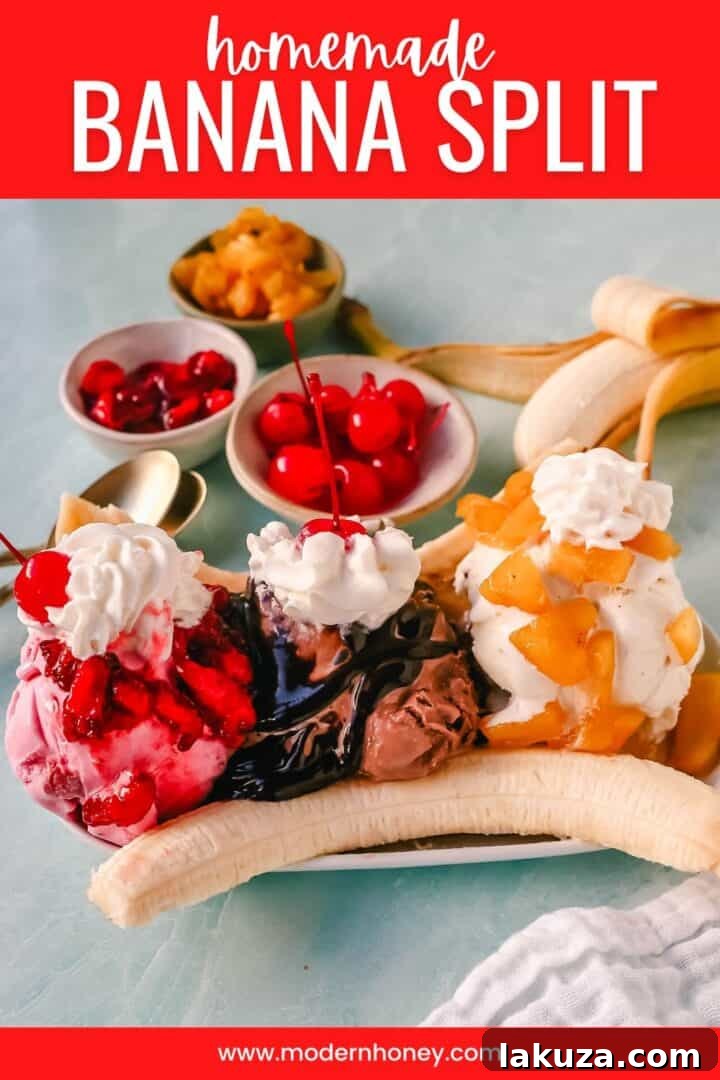 A classic Banana Split recipe made with fresh bananas, chocolate ice cream with hot fudge sauce, strawberry ice cream with strawberry sauce, vanilla ice cream with pineapple sauce, whipped cream, and cherry.