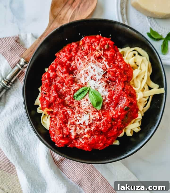 Freshly cooked pasta coated in a delicious homemade San Marzano marinara sauce