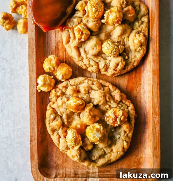 Sweet & Salty Popcorn Caramel Delights 5 A plate of freshly baked Caramel Popcorn Cookies, garnished with extra caramel corn and a sprinkle of sea salt, ready to be enjoyed.