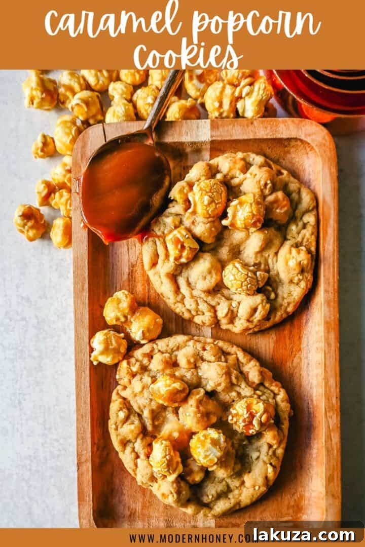 Sweet & Salty Popcorn Caramel Delights 7 A stack of Caramel Popcorn Cookies, showing their thick, chewy texture and abundance of caramel popcorn, ready to be enjoyed as a gourmet dessert.
