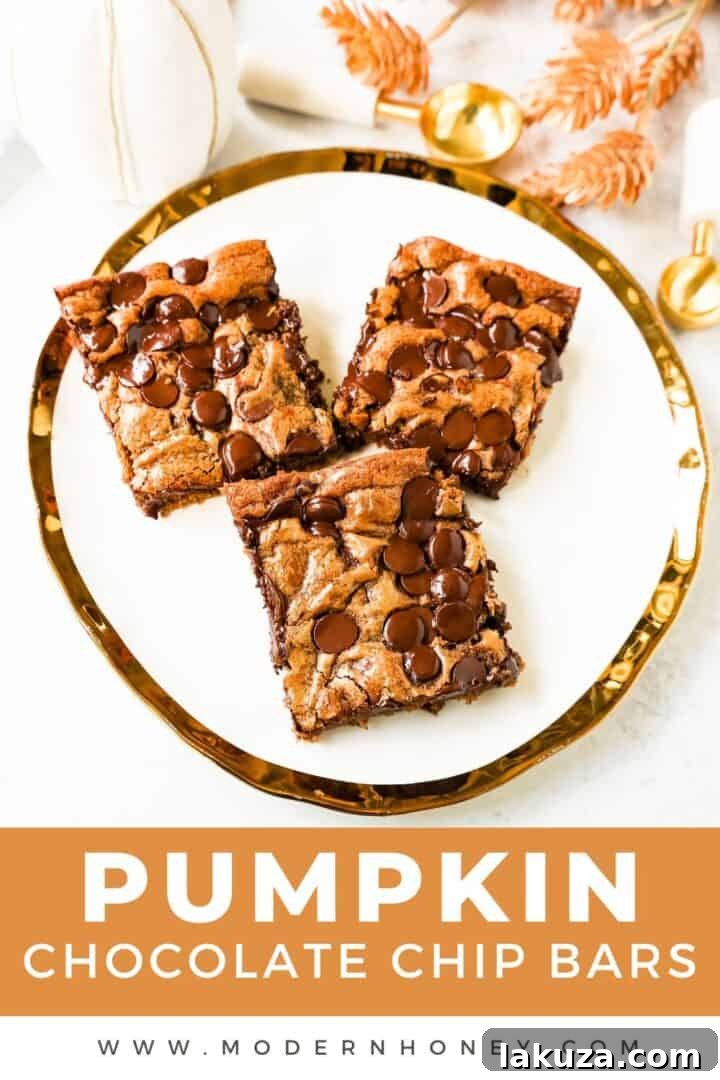 Pumpkin Chocolate Chip Bars are moist, chewy pumpkin spiced bars with chocolate chips. These pumpkin chocolate chip blondies are soft and chewy and perfect for Fall.