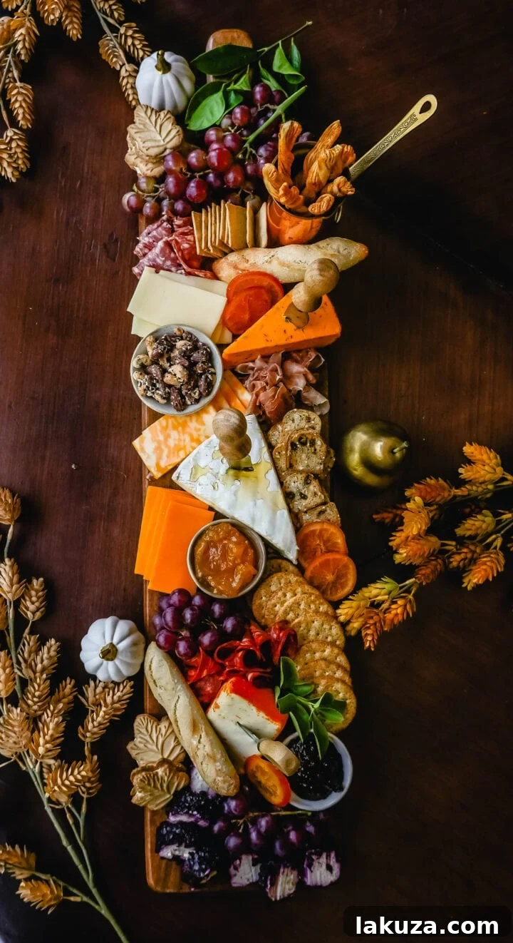 Autumn Harvest Charcuterie Spread 2 Festive Charcuterie Board perfect to celebrate Thanksgiving or Friendsgiving with friends and family. How to pick out the perfect meats, cheeses, fruits, jams, crackers, and dips for your Fall charcuterie spread. Tips and tricks for making the best charcuterie board.