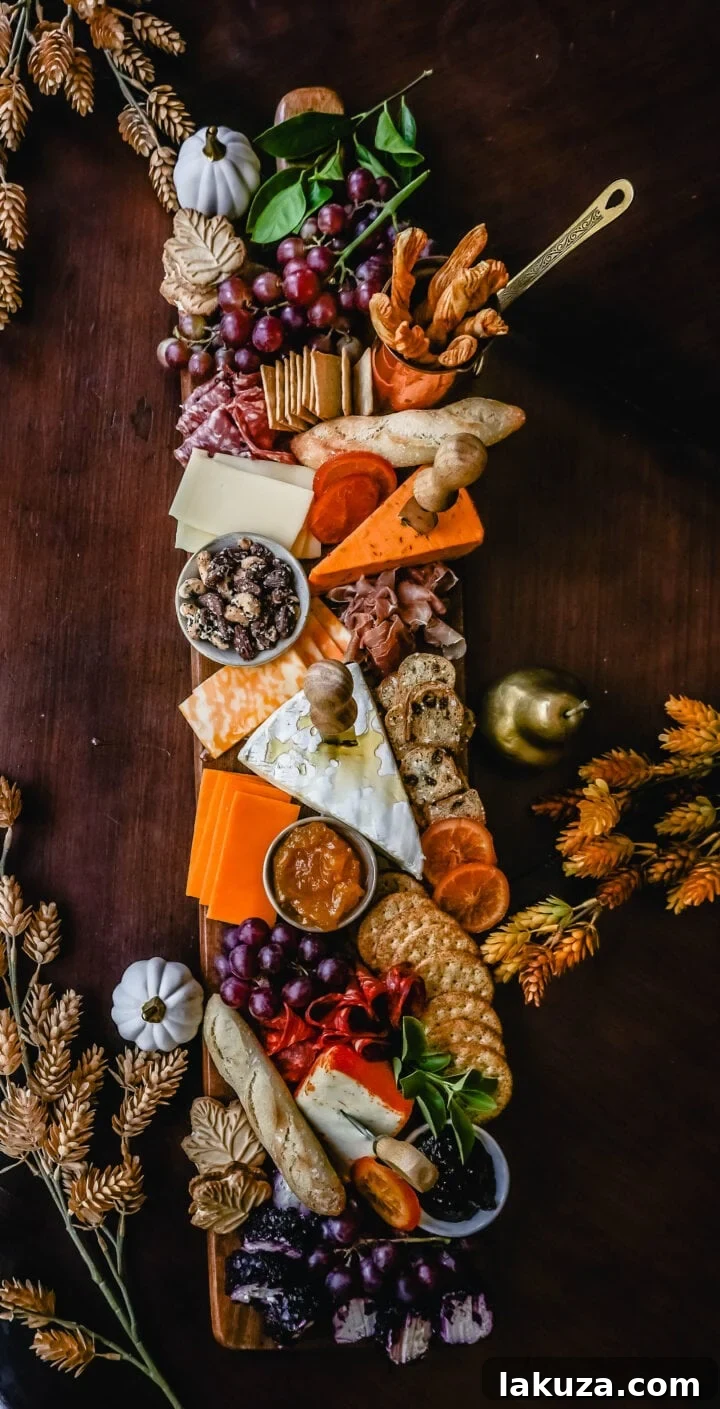 Autumn Harvest Charcuterie Spread 11 Festive Charcuterie Board perfect to celebrate Thanksgiving or Friendsgiving with friends and family. How to pick out the perfect meats, cheeses, fruits, jams, crackers and dips for your Fall charcuterie spread. Tips and tricks for making the best charcuterie board.