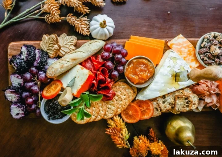 Autumn Harvest Charcuterie Spread 3 Festive Charcuterie Board perfect to celebrate Thanksgiving or Friendsgiving with friends and family. How to pick out the perfect meats, cheeses, fruits, jams, crackers, and dips for your Fall charcuterie spread. Tips and tricks for making the best charcuterie board.