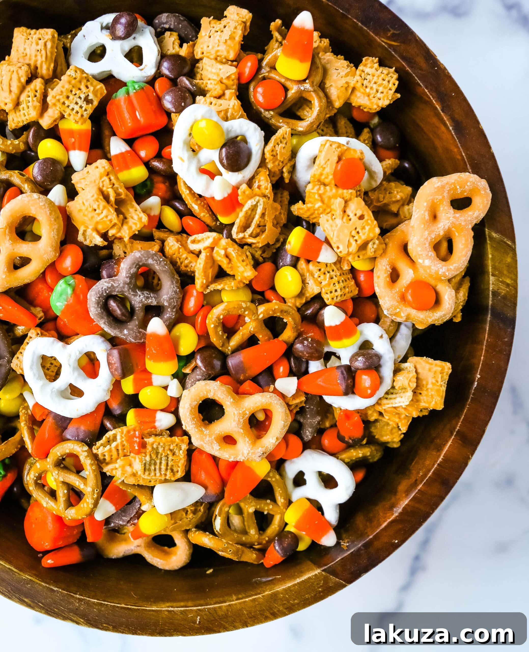 Monster Munch Mix 5 Bowl of finished Halloween Sweet and Salty Snack Mix, ready to serve.