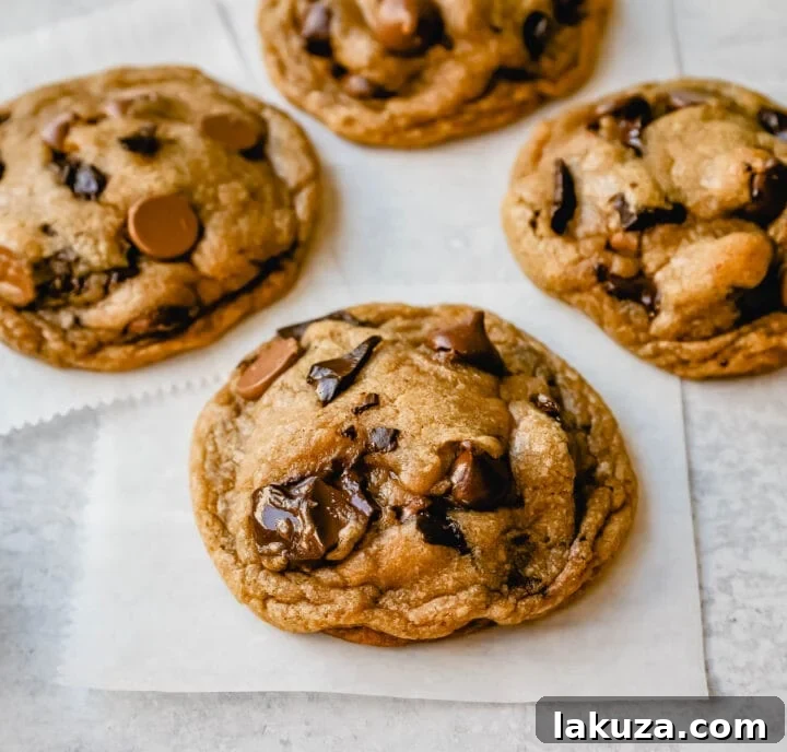 Irresistible Chocolate Chip Cookies 2 Warm, freshly baked homemade chocolate chip cookies on a cooling rack, showcasing their chewy texture and melted chocolate chips.