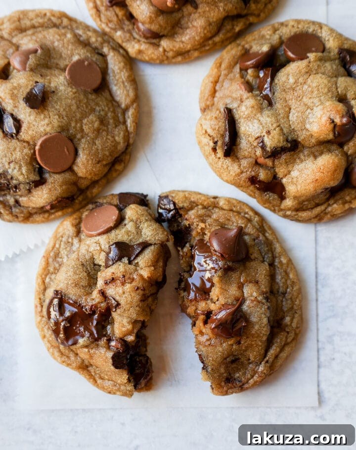 Irresistible Chocolate Chip Cookies 7 Assortment of chocolate chip cookies, some with whole chocolate chips, others with melted chunks.