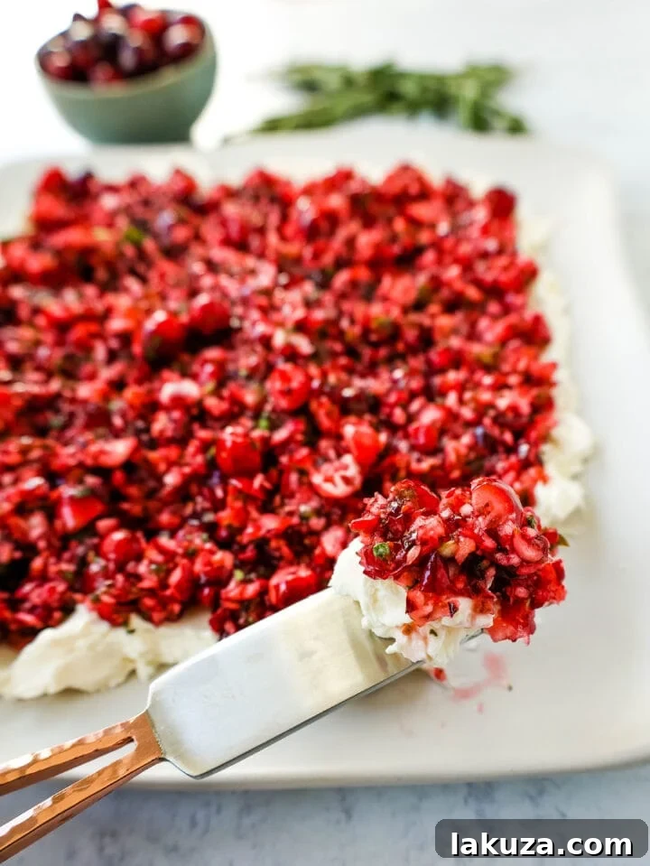 Close-up shot of the vibrant red cranberry jalapeno salsa spread generously over a block of white cream cheese, on a decorative serving plate.