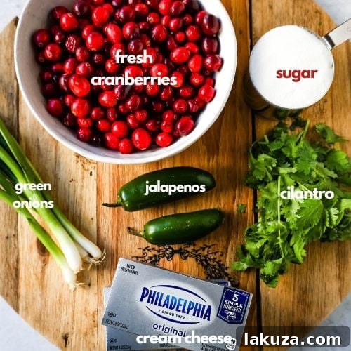Individual ingredients for Cranberry Jalapeno Cream Cheese Dip laid out on a clean surface: fresh cranberries, a whole jalapeno, green onions, cilantro, a bowl of sugar, a small dish of salt, a lemon, and two blocks of cream cheese.