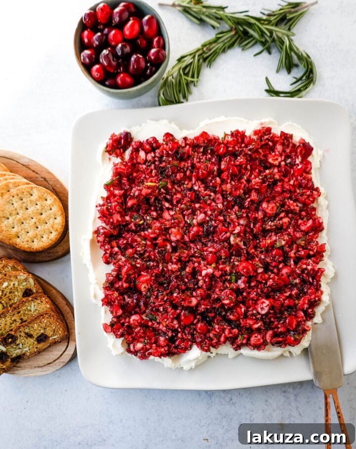A bowl of fresh cranberry salsa mixture, with visible pieces of cranberries, jalapeno, and green onion, after chilling, ready for straining.