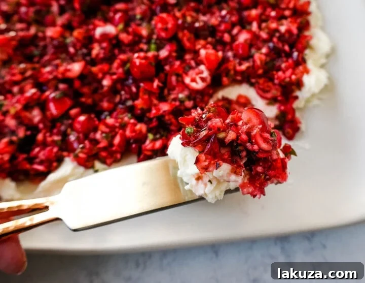 A close-up of the Cranberry Jalapeno Cream Cheese Dip served with a variety of crackers and pita chips on a festive platter.