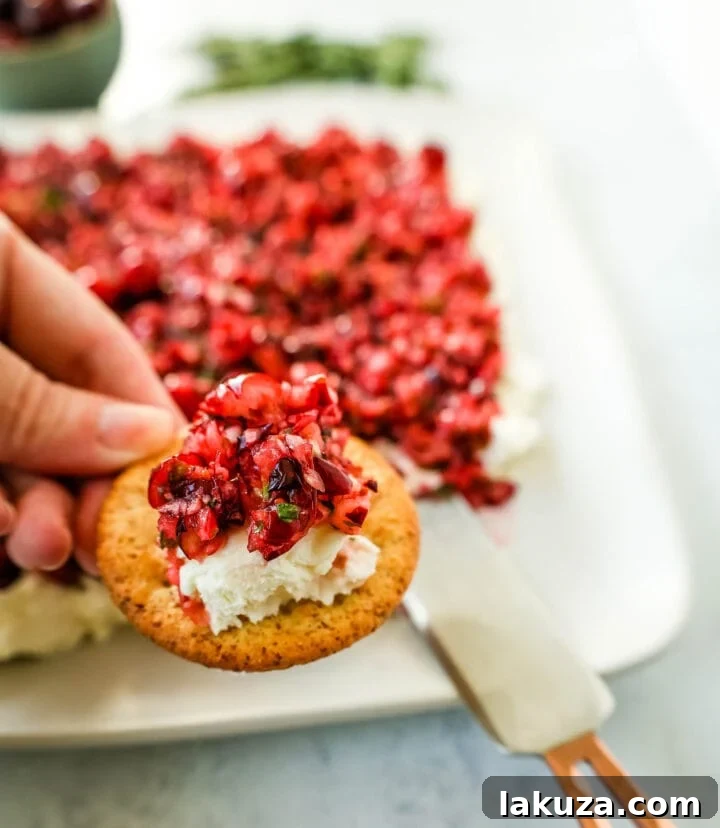 The finished Cranberry Jalapeno Cream Cheese Dip, elegantly arranged on a serving plate with crackers, showcasing its festive colors and inviting texture.
