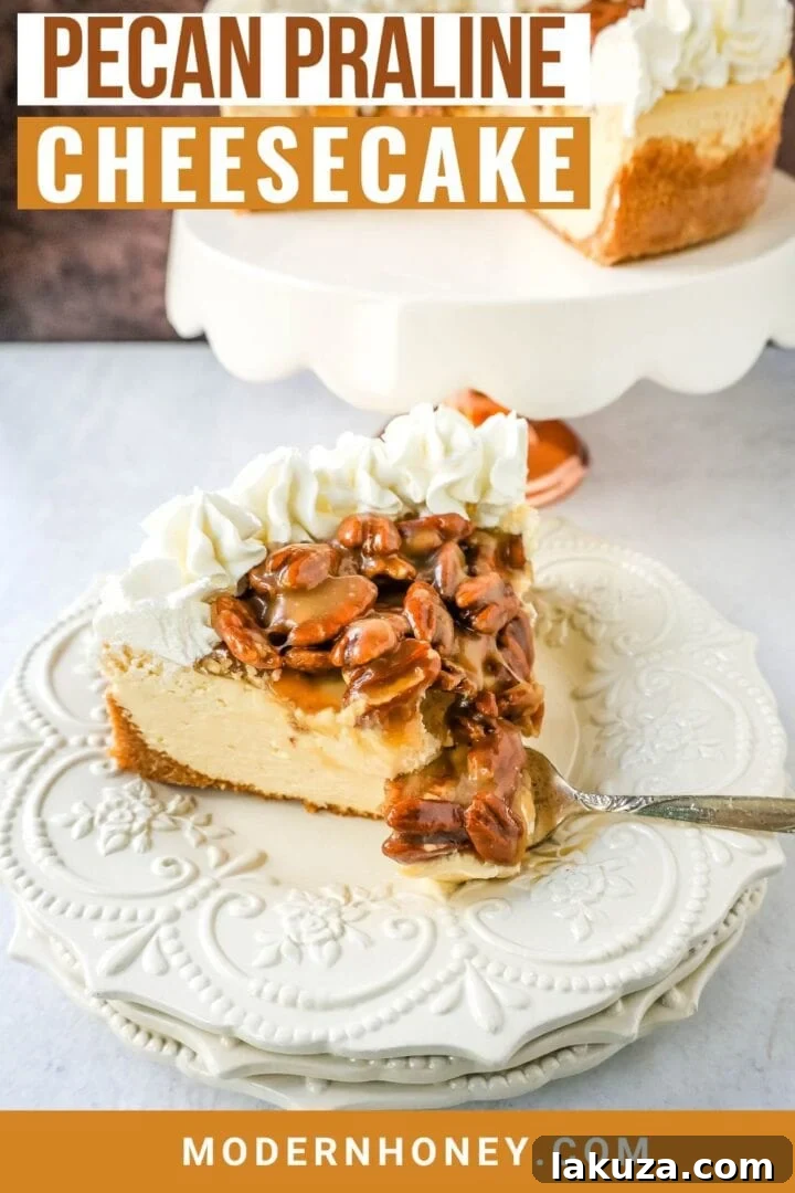 A stunning whole Southern Pecan Praline Cheesecake ready for serving, perfect for Thanksgiving dessert tables.