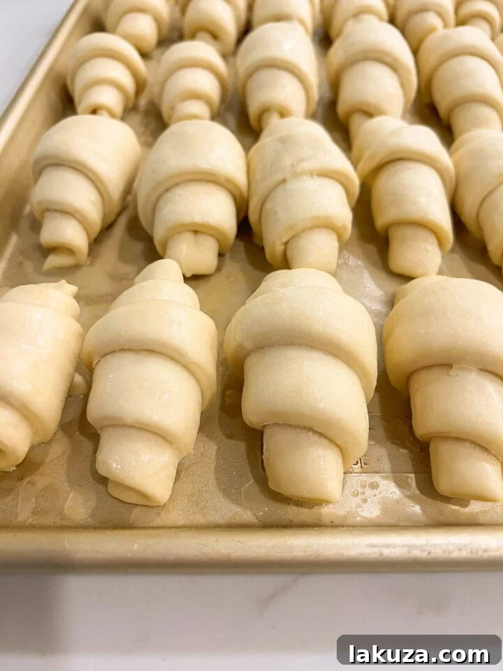 Golden Flaky Crescents 10 Homemade Crescent Rolls Dough Doubling in Size after the second rise, brushed with butter and ready for the oven.