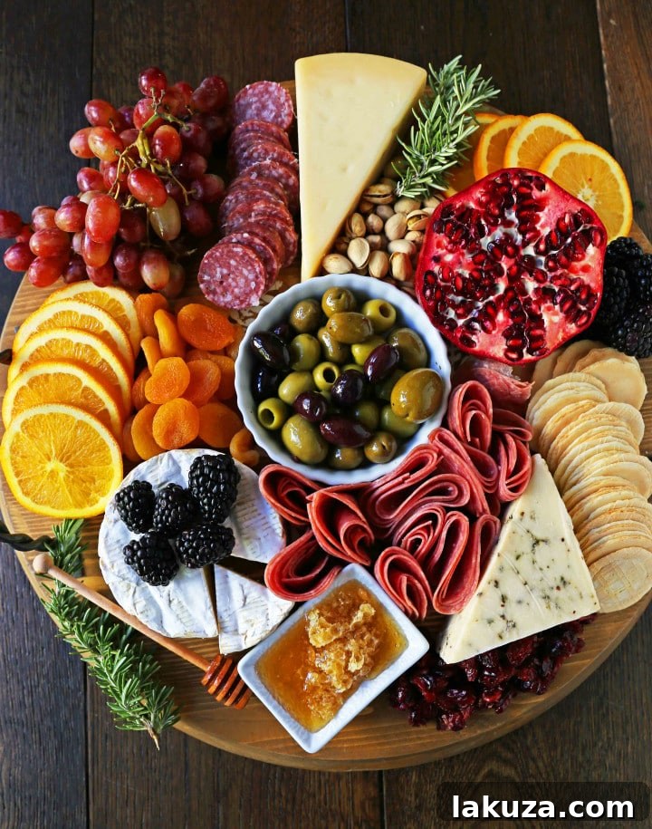 Charcuterie Meat & Cheese Board: Epic appetizer for parties, with meat, cheeses, fruit, olives, and crackers.