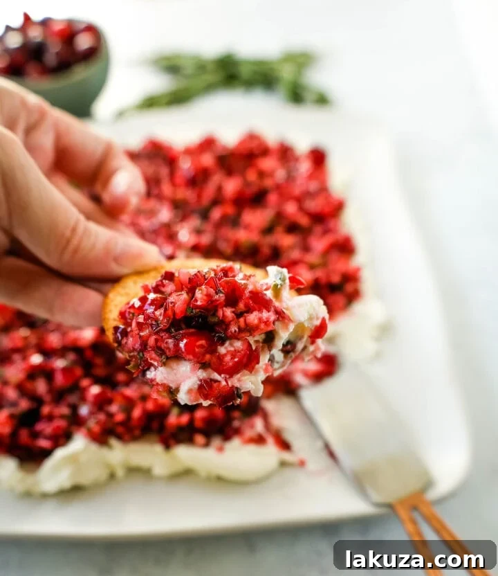 Cranberry Jalapeno Cream Cheese Dip: Festive, creamy, tart, spicy, and sweet appetizer with fresh cranberry salsa.