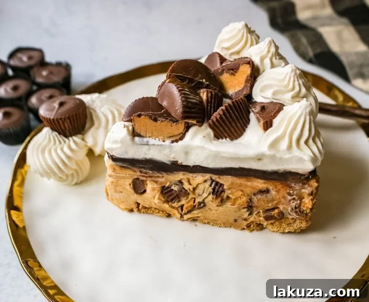 Rich No-Bake Chocolate Peanut Butter Pie with a slice removed