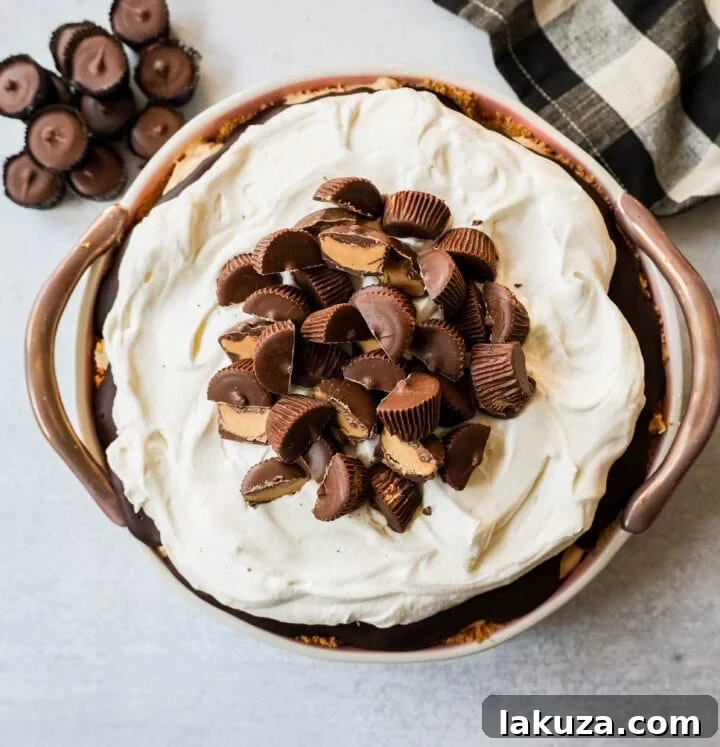Overhead view of a complete No-Bake Chocolate Peanut Butter Pie with chopped peanut butter cups on top
