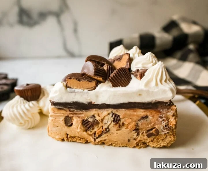 Close-up of the smooth, creamy layers of No-Bake Chocolate Peanut Butter Pie filling and ganache