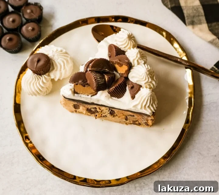 A beautifully presented whole No-Bake Chocolate Peanut Butter Pie on a rustic background