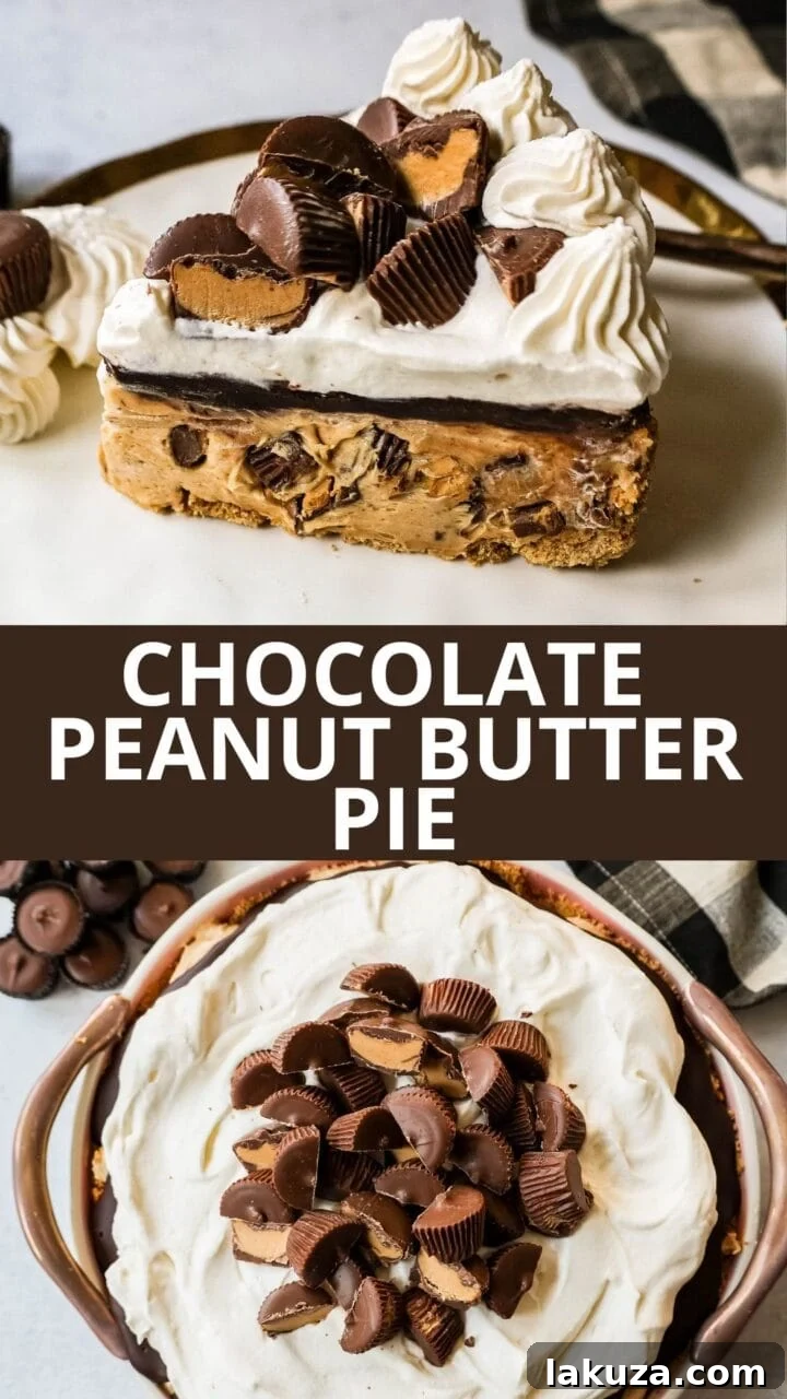 A delectable slice of No-Bake Chocolate Peanut Butter Pie on a white plate