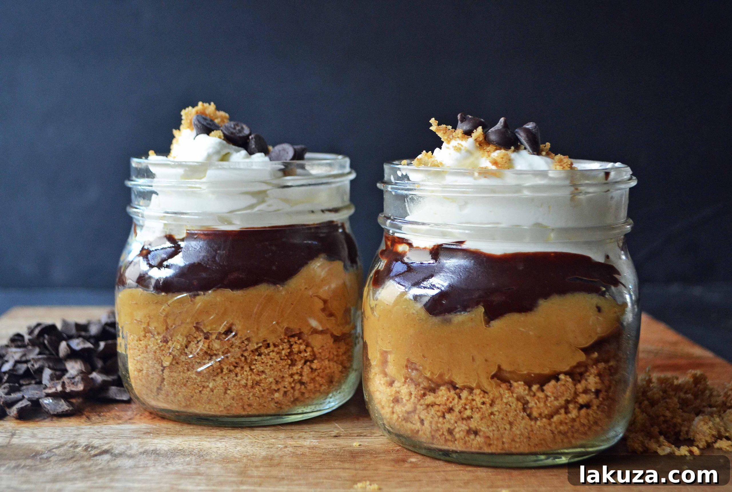 Delicious Eligible Bachelor Peanut Butter Pie Jars with Graham Cracker Crust, Peanut Butter Cream, Chocolate Ganache, and Homemade Whipped Cream – Perfect for Reality TV Nights