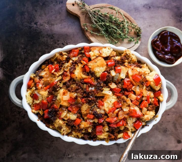 Close-up of fluffy Mexican Chorizo Cornbread Stuffing, showing the texture of cornbread mixed with browned chorizo, red bell pepper, and onion.