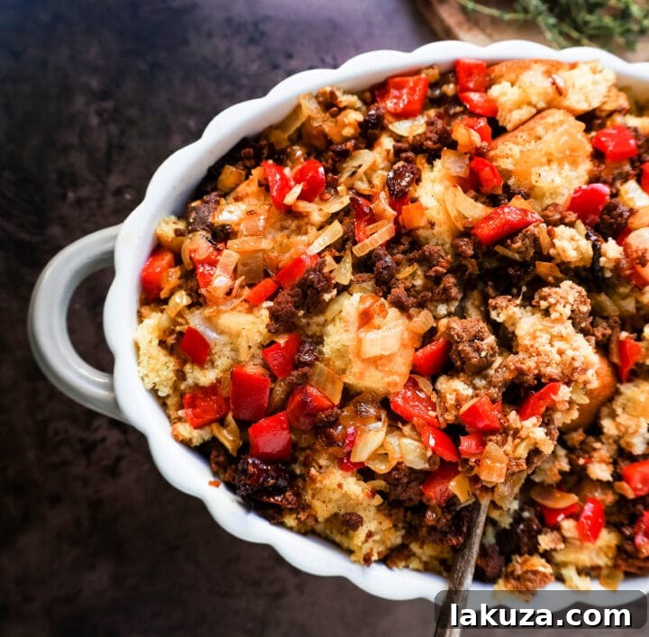 Close-up of Mexican Chorizo Cornbread Stuffing ready for baking, showcasing the individual cornbread pieces, chorizo, and vibrant vegetables in a casserole dish.