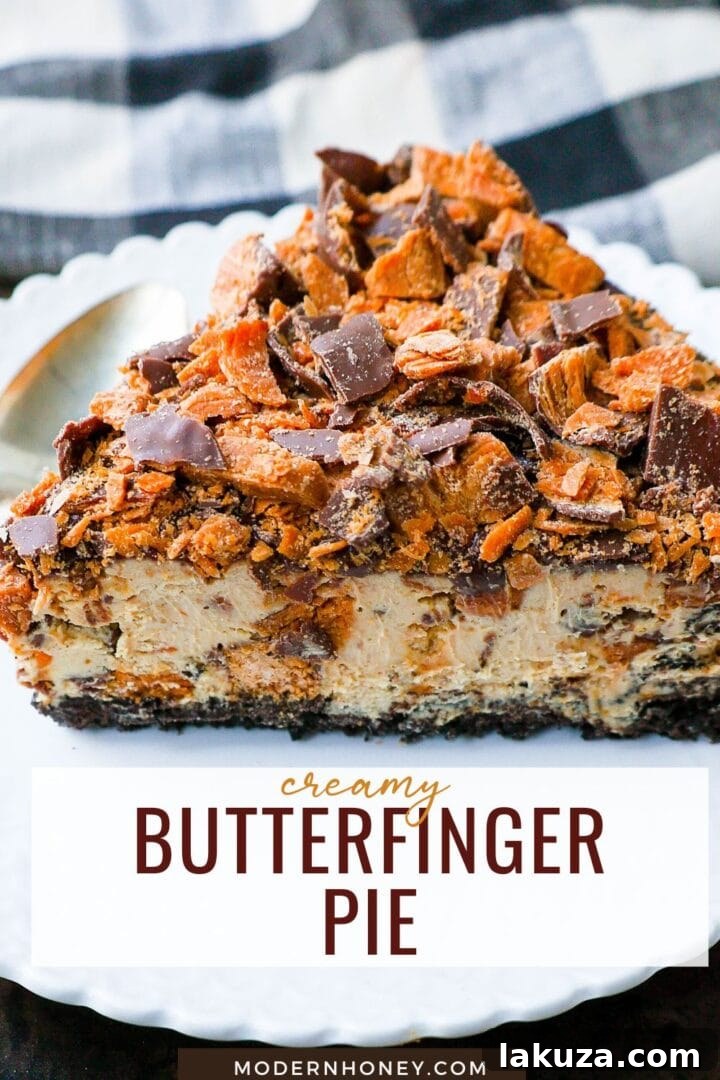 Decadent Butterfinger Pie 9 No-Bake Chocolate Peanut Butter Butterfinger Pie with a chocolate OREO crust, creamy peanut butter filling with Butterfinger candy bars, chocolate ganache, and topped with fresh whipped cream and Butterfinger. The best creamy Butterfinger pie recipe!