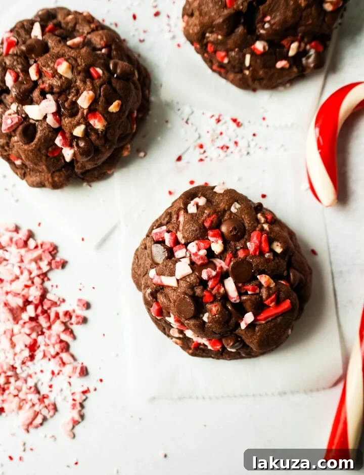 Close-up of a double chocolate peppermint cookie with a chewy interior