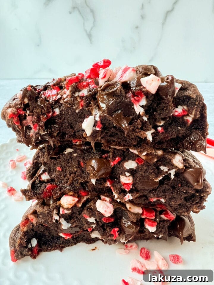 Freshly baked Levain Bakery-style chocolate peppermint cookies cooling on a wire rack