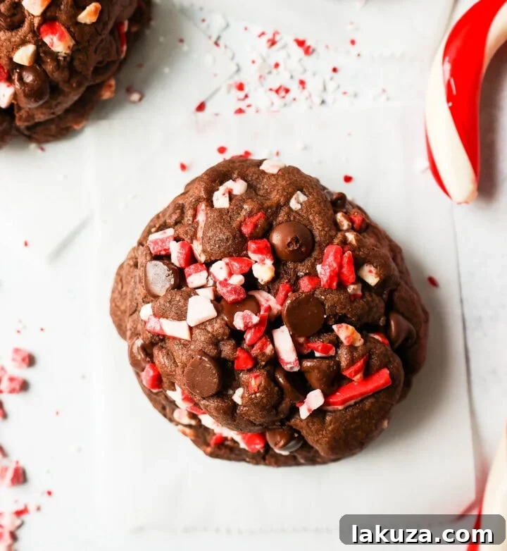 A stack of warm, freshly baked double chocolate peppermint cookies